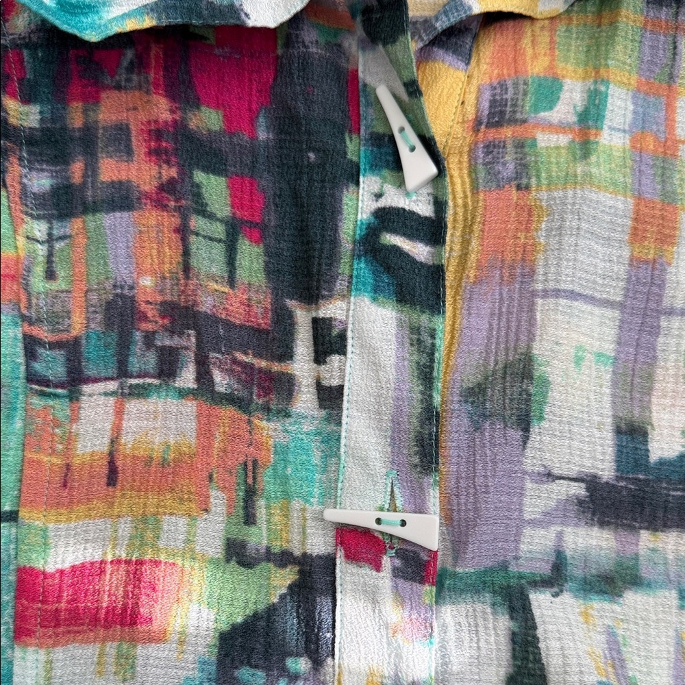 Ali Miles Colorful Abstract Print Blouse with fold sleeve & side slit pockets L - Picture 7 of 8
